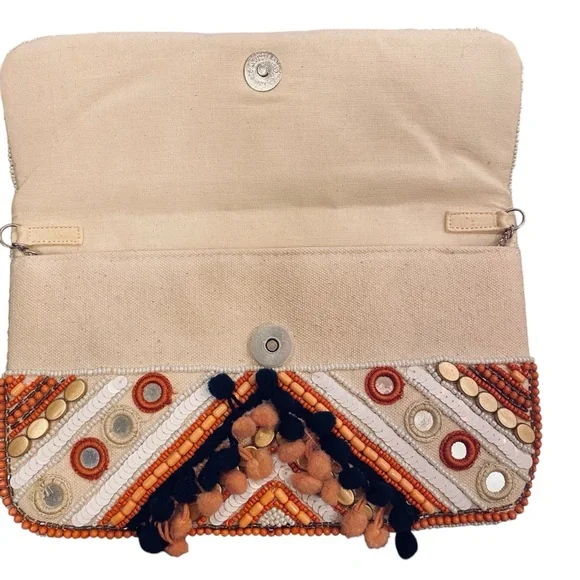 Clements Ribero Orange and Black Geometric Shoulder Bag w/ Pompoms and Beading.